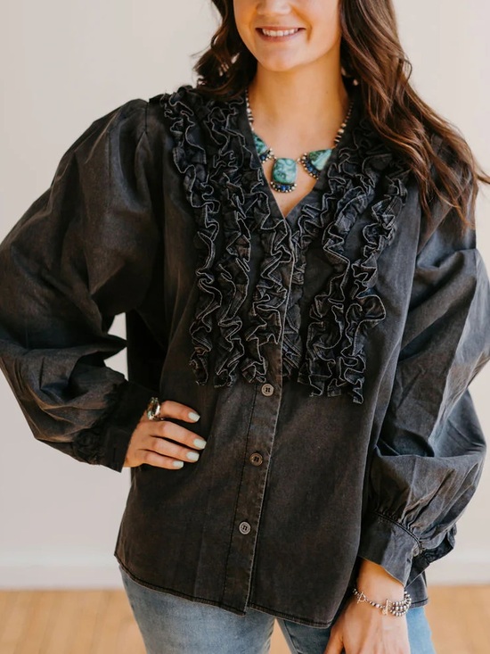 POL Tops - Ruffled Black washed Button-Up Blouse